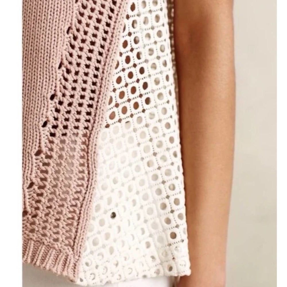 Anthropologie Moth Madeira Pink & White Eyelet Knit Back Pullover Sweater Size S - Picture 4 of 11